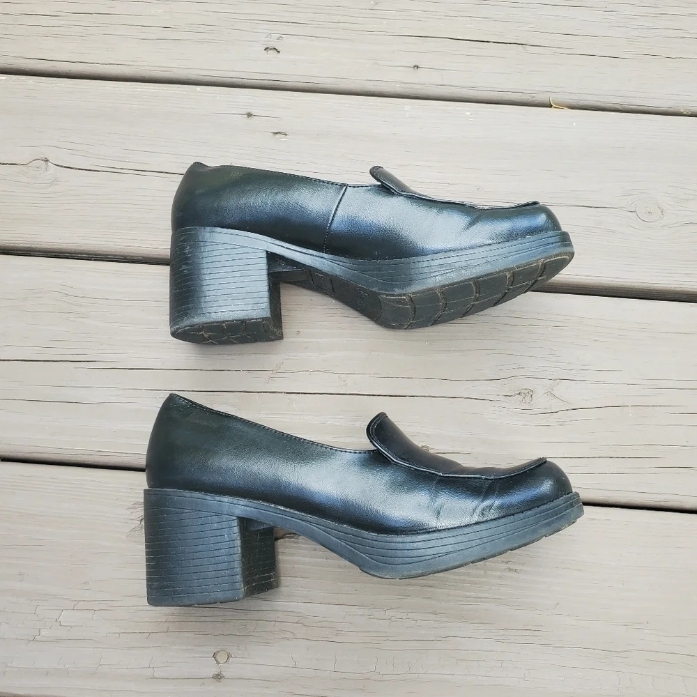 Vintage 90s y2k Bratz Black‎ Vegan Leather Platform Oxford Chunky Heel Loafers 8